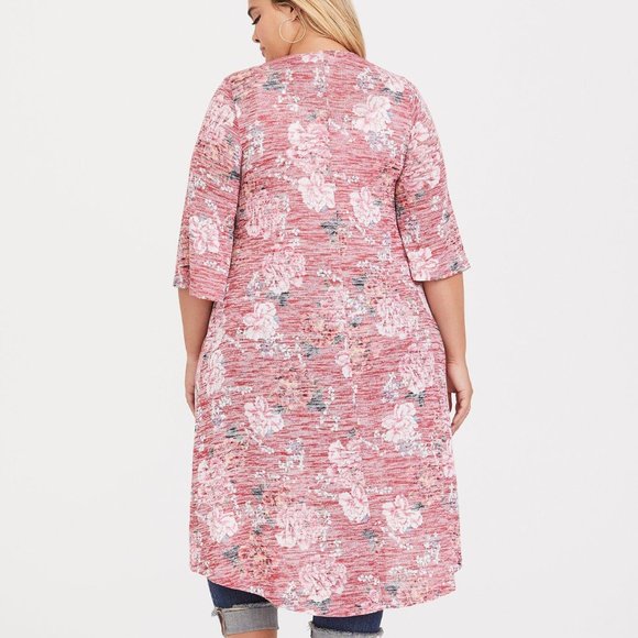 TORRID Plus Size 0 Kimono Hi Lo Duster Sweater Cardigan Rose Floral Print Womens - Picture 4 of 5